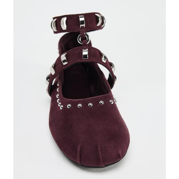 ZARA Leather Studded Ballet Flats NWT | Burgundy Suede Buckle Strap 7.5–8 - Picture 14 of 16
